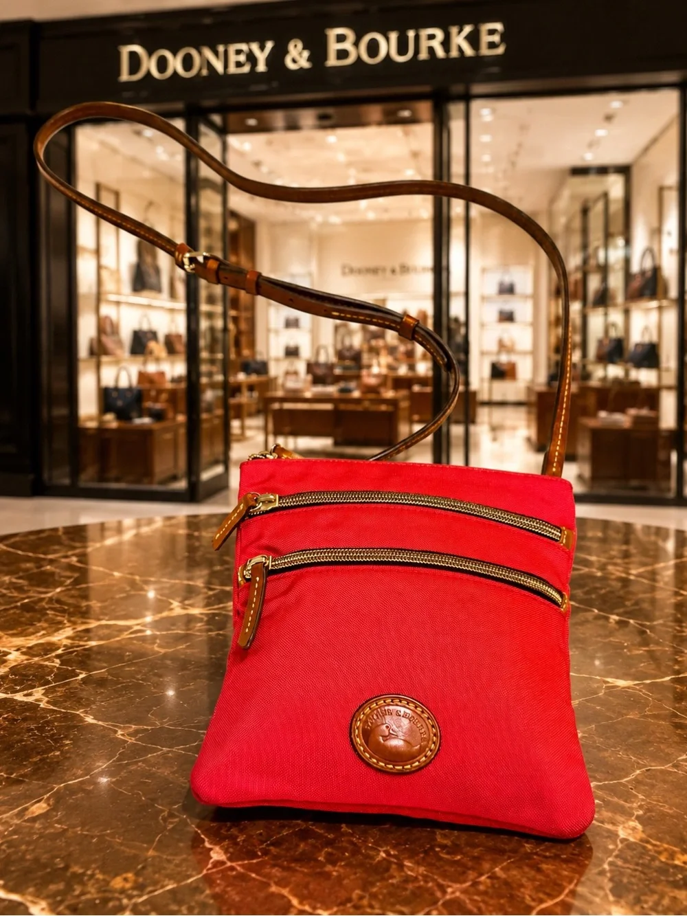 Dooney & Bourke Red Crossbody Double-Zip Pouch with Leather Trim